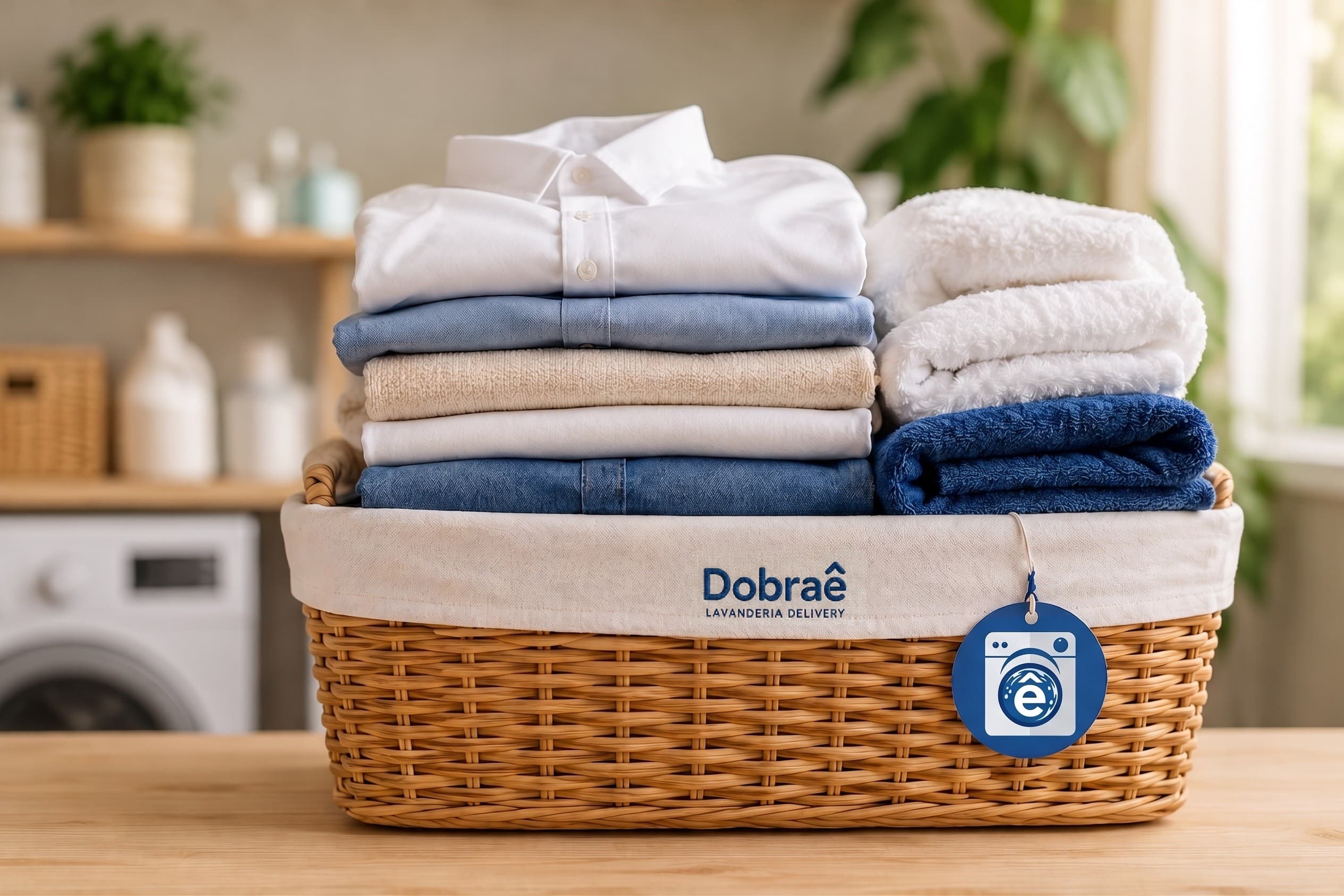 Cesto Dobraê com roupas limpas e dobradas, prontas para entrega